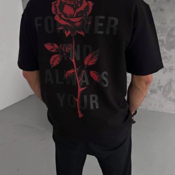 Erkek Bisiklet Yaka Baskılı Oversize  Kısa kol T-Shirt - Siyah