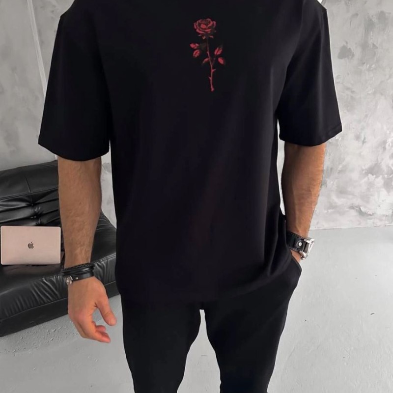 Erkek Bisiklet Yaka Baskılı Oversize  Kısa kol T-Shirt - Siyah