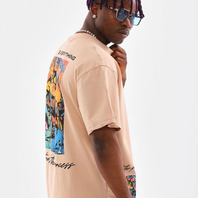 Erkek  Bisiklet Yaka Baskılı Oversize T-Shirt - Bej