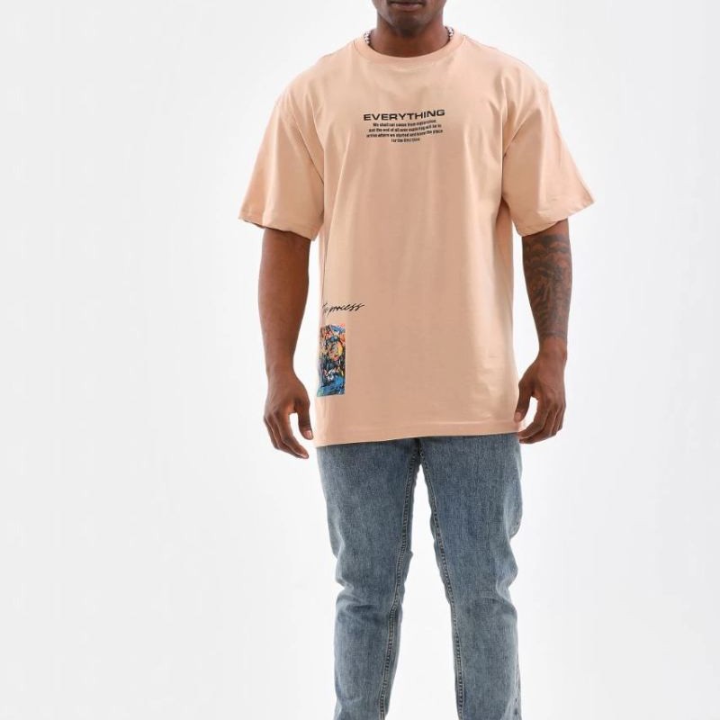 Erkek  Bisiklet Yaka Baskılı Oversize T-Shirt - Bej