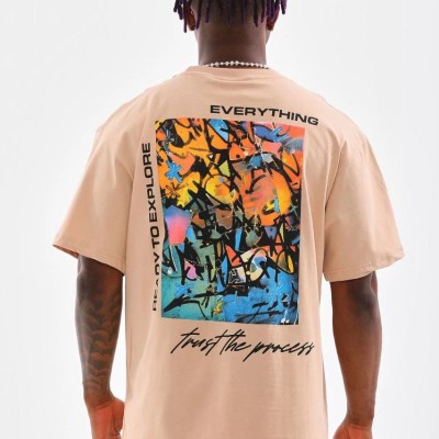 Erkek  Bisiklet Yaka Baskılı Oversize T-Shirt - Bej