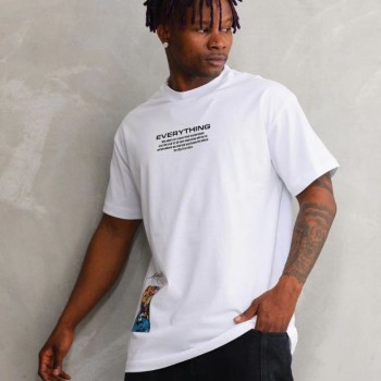 Erkek Bisiklet Yaka Baskılı Oversize T-Shirt - Beyaz