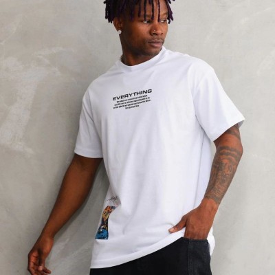 Erkek Bisiklet Yaka Baskılı Oversize T-Shirt - Beyaz