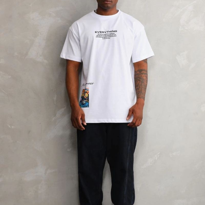 Erkek Bisiklet Yaka Baskılı Oversize T-Shirt - Beyaz