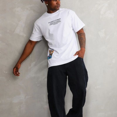 Erkek Bisiklet Yaka Baskılı Oversize T-Shirt - Beyaz