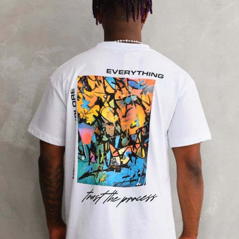 Erkek Bisiklet Yaka Baskılı Oversize T-Shirt - Beyaz