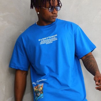 Erkek Bisiklet Yaka Baskılı Oversize T-Shirt - Mavi