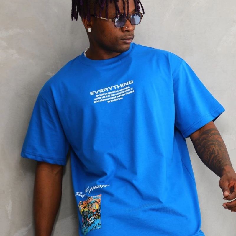 Erkek Bisiklet Yaka Baskılı Oversize T-Shirt - Mavi