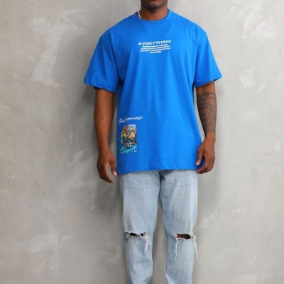Erkek Bisiklet Yaka Baskılı Oversize T-Shirt - Mavi
