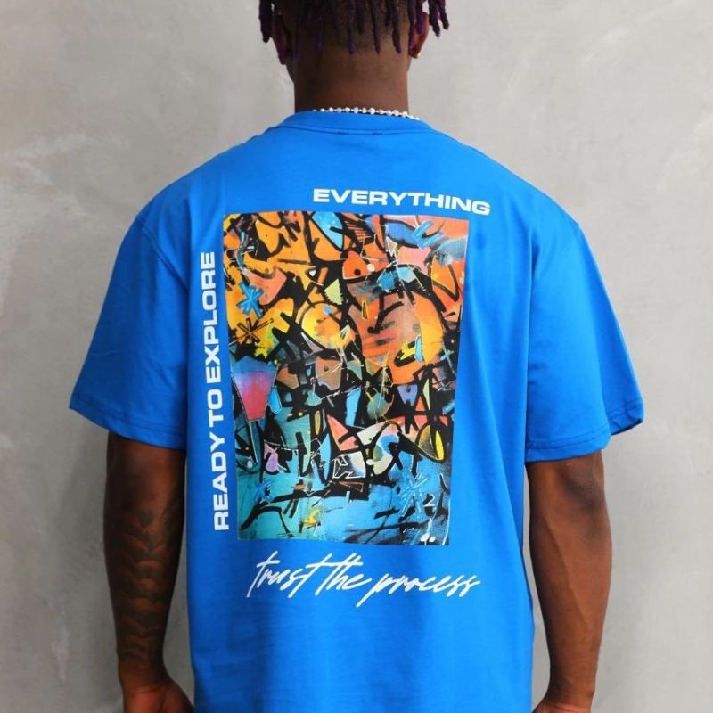Erkek Bisiklet Yaka Baskılı Oversize T-Shirt - Mavi