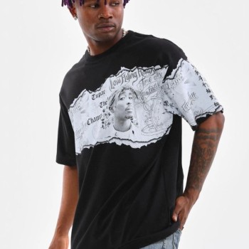 Erkek  Bisiklet Yaka Baskılı Oversize T-Shirt - Siyah