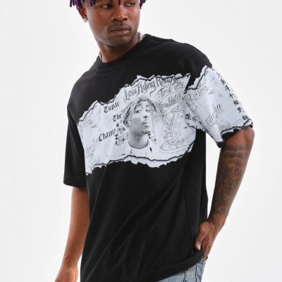 Erkek  Bisiklet Yaka Baskılı Oversize T-Shirt - Siyah