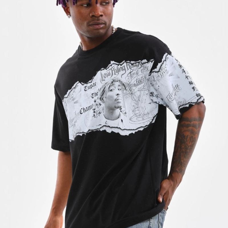 Erkek  Bisiklet Yaka Baskılı Oversize T-Shirt - Siyah