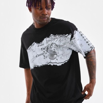 Erkek  Bisiklet Yaka Baskılı Oversize T-Shirt - Siyah