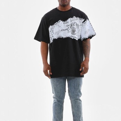 Erkek  Bisiklet Yaka Baskılı Oversize T-Shirt - Siyah