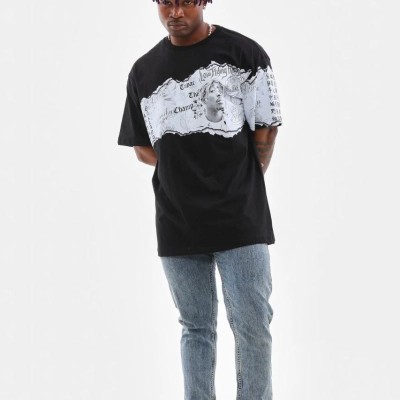 Erkek  Bisiklet Yaka Baskılı Oversize T-Shirt - Siyah