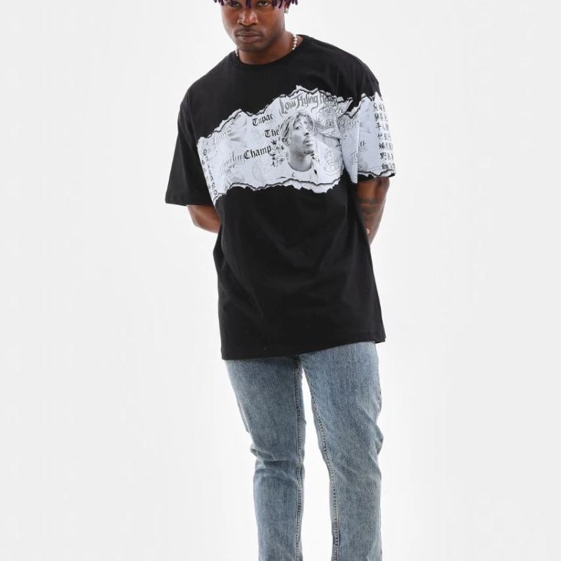Erkek  Bisiklet Yaka Baskılı Oversize T-Shirt - Siyah
