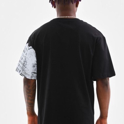 Erkek  Bisiklet Yaka Baskılı Oversize T-Shirt - Siyah