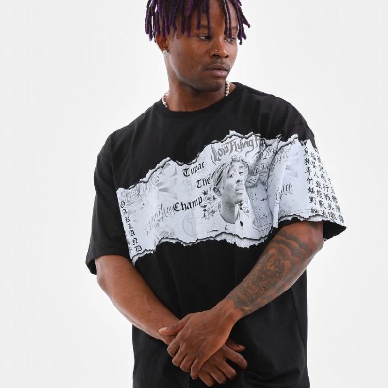 Erkek  Bisiklet Yaka Baskılı Oversize T-Shirt - Siyah
