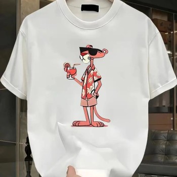 Erkek Bisiklet yaka t-shirt Pembe Panter Baskılı Kısa Kollu Tişört - Beyaz