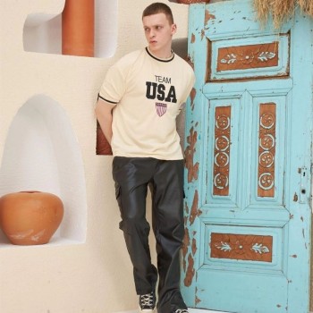 Erkek Bisiklet Yaka Tişört Nakış İşlemeli Kısa Kol Oversize T-Shirt - Bej