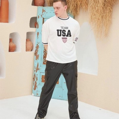 Erkek Bisiklet Yaka Tişört Nakış İşlemeli Kısa Kol Oversize T-Shirt - Beyaz