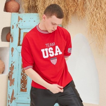 Erkek Bisiklet Yaka Tişört Nakış İşlemeli Kısa Kol Oversize T-Shirt - Kırmızı