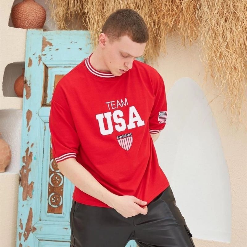 Erkek Bisiklet Yaka Tişört Nakış İşlemeli Kısa Kol Oversize T-Shirt - Kırmızı