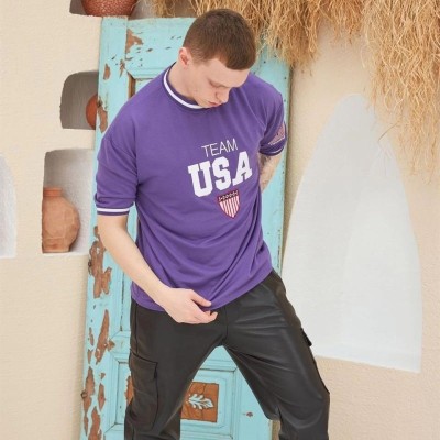 Erkek Bisiklet Yaka Tişört Nakış İşlemeli Kısa Kol Oversize T-Shirt - Mor