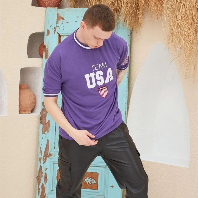 Erkek Bisiklet Yaka Tişört Nakış İşlemeli Kısa Kol Oversize T-Shirt - Mor