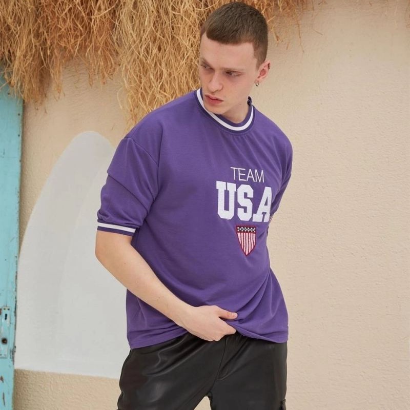 Erkek Bisiklet Yaka Tişört Nakış İşlemeli Kısa Kol Oversize T-Shirt - Mor