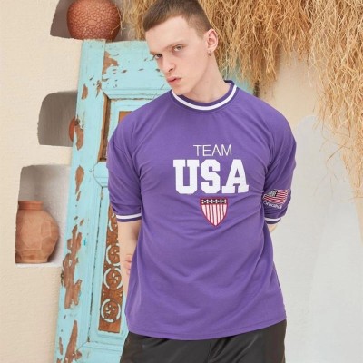 Erkek Bisiklet Yaka Tişört Nakış İşlemeli Kısa Kol Oversize T-Shirt - Mor