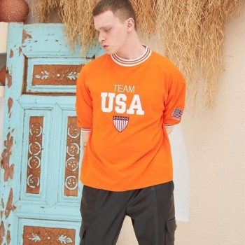 Erkek Bisiklet Yaka Tişört Nakış İşlemeli Kısa Kol Oversize T-Shirt - Turuncu