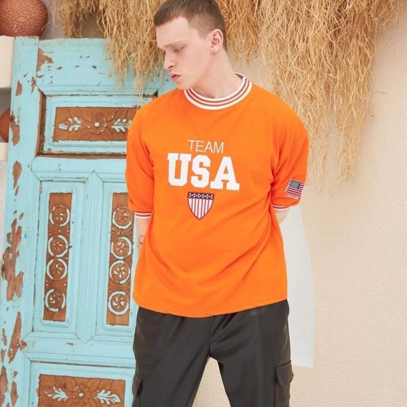Erkek Bisiklet Yaka Tişört Nakış İşlemeli Kısa Kol Oversize T-Shirt - Turuncu