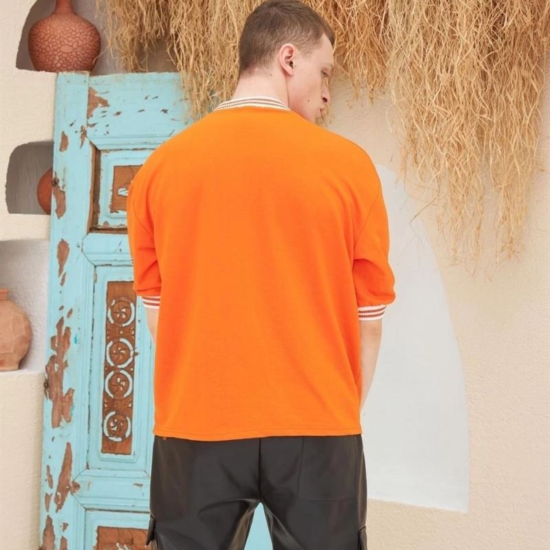 Erkek Bisiklet Yaka Tişört Nakış İşlemeli Kısa Kol Oversize T-Shirt - Turuncu