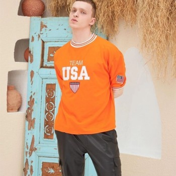 Erkek Bisiklet Yaka Tişört Nakış İşlemeli Kısa Kol Oversize T-Shirt - Turuncu
