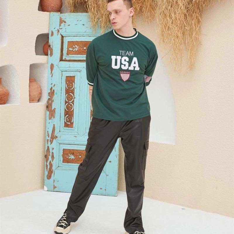 Erkek Bisiklet Yaka Tişört Nakış İşlemeli Kısa Kol Oversize T-Shirt - Yeşil