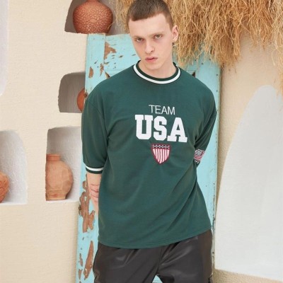 Erkek Bisiklet Yaka Tişört Nakış İşlemeli Kısa Kol Oversize T-Shirt - Yeşil