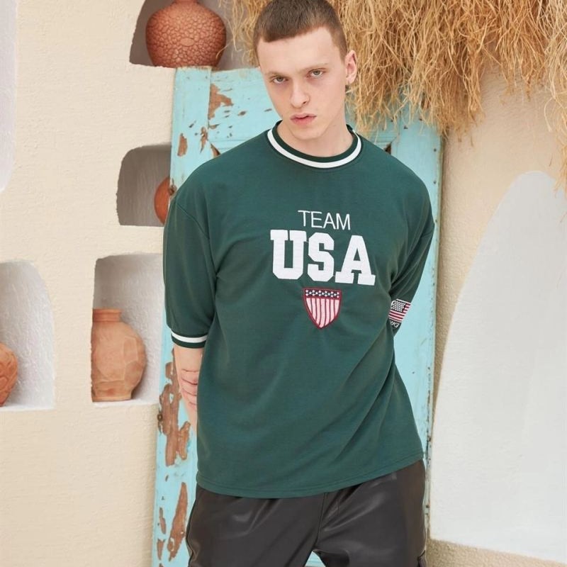 Erkek Bisiklet Yaka Tişört Nakış İşlemeli Kısa Kol Oversize T-Shirt - Yeşil