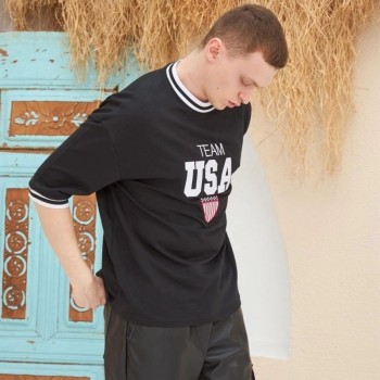 Erkek Bisiklet Yaka Tişört Nakış İşlemeli Kısa Kol Oversize T-ShirtSiyah
