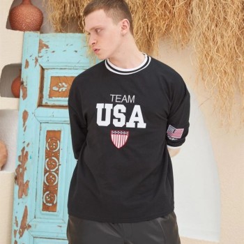 Erkek Bisiklet Yaka Tişört Nakış İşlemeli Kısa Kol Oversize T-ShirtSiyah