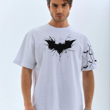ERKEK Bisiklet yaka tişort Ön ve Kol YARASA Baskılı T-shirt - Beyaz
