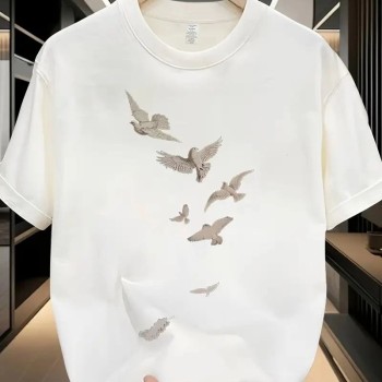 ERKEK Bisiklet yaka Tişört Özgür kuşlar Baskılı kısa kol T-shirt - Beyaz