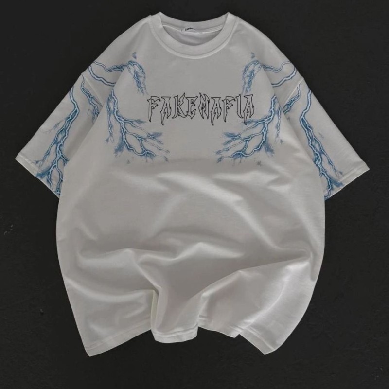 Erkek Bisiklet Yaka Tişört Yıldırım Şimşek Baskılı Kısa Kol T-Shirt - Beyaz