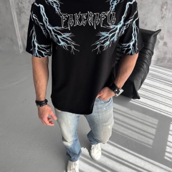Erkek Bisiklet Yaka Tişört Yıldırım Şimşek Baskılı Kısa Kol T-Shirt -Siyah