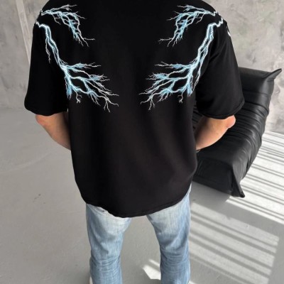 Erkek Bisiklet Yaka Tişört Yıldırım Şimşek Baskılı Kısa Kol T-Shirt -Siyah