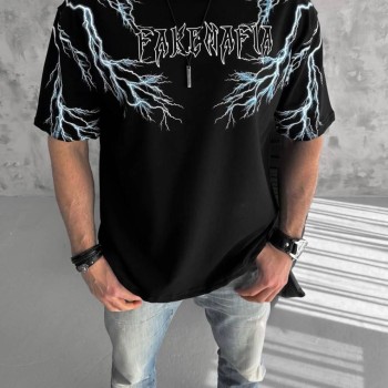 Erkek Bisiklet Yaka Tişört Yıldırım Şimşek Baskılı Kısa Kol T-Shirt -Siyah