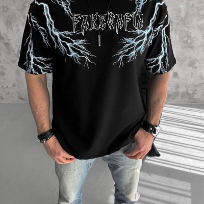 Erkek Bisiklet Yaka Tişört Yıldırım Şimşek Baskılı Kısa Kol T-Shirt -Siyah
