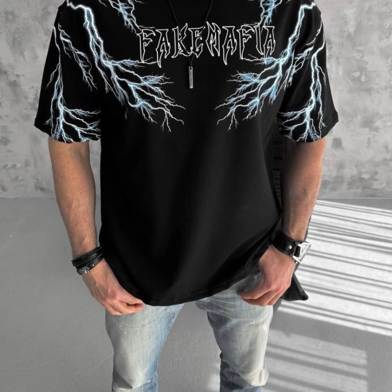 Erkek Bisiklet Yaka Tişört Yıldırım Şimşek Baskılı Kısa Kol T-Shirt -Siyah