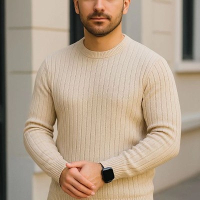 Erkek Bisiklet Yaka Triko Kazak Pamuklu Kalın Fitilli Dokuma Regular Fit - Bej